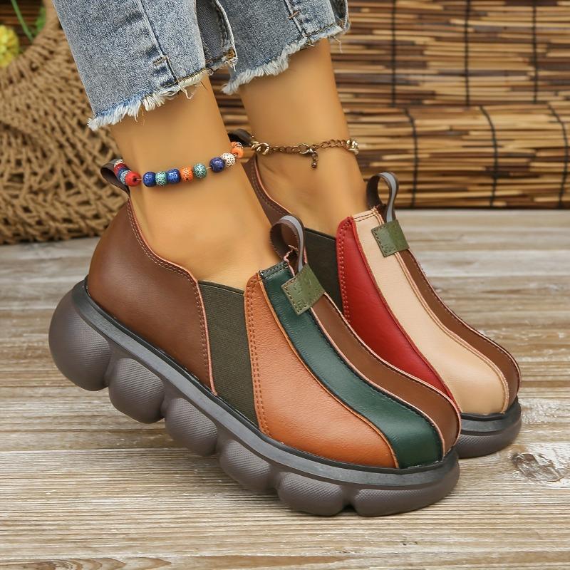 Stylish Women's Multicolor Patchwork Loafers - Comfortable Slip-On, Thick Sole, Round Toe, Faux Cover Casual Shoes for All Seasons, Dressy Shoes