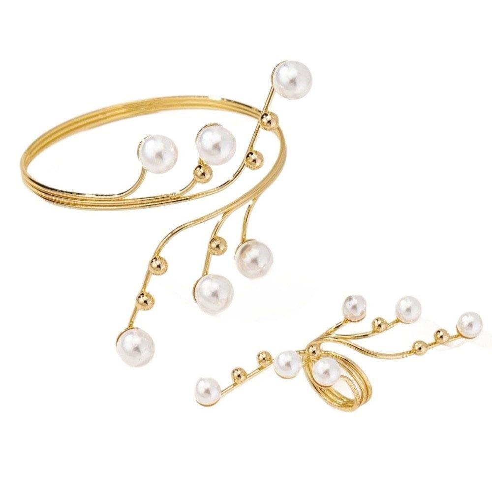 

Imitation Pearl Bracelet Ring Set Winding Line Armband Exquisite Open Arm Bangle Girls