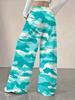Women's Plus Size Turquoise and White Camo Print Wide Leg Pants