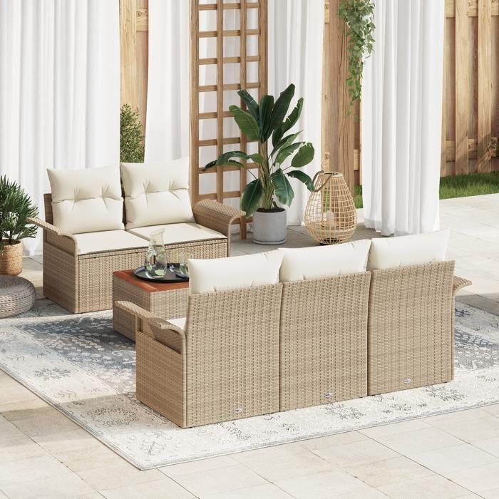 VidaXL Ensemble de Canapé de Jardin 6 Pièces avec Coussins Beige Poly Rotin Acacia 3347267