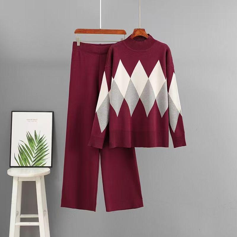 

2026 Spring European Fashion Set: Loose Round Neck Sweater and Casual Wide-Leg Pants Two-Piece. XXL