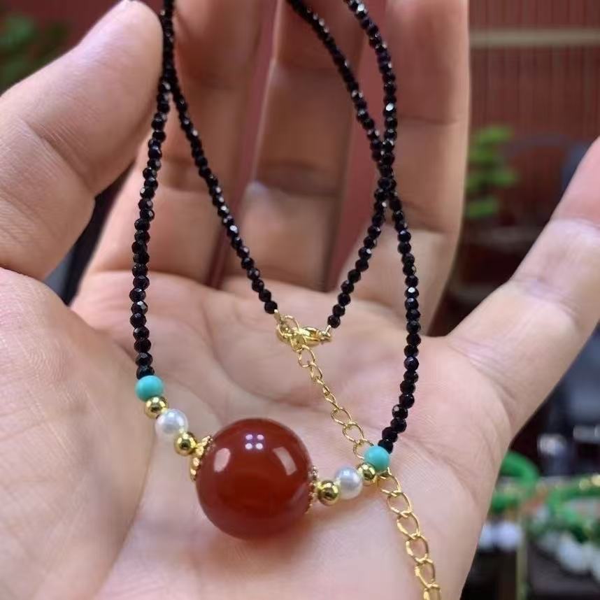 Нематериальное культурное наследие Паук Лак Бусина Цепочка на ключицу Черный Шип Акация Красная Фасоль Ожерелье Пяо Золото Натуральный Красный Агат