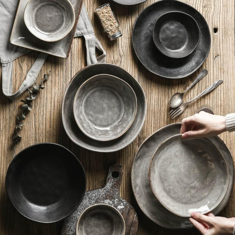 Japanischer Unregelmäßiger Keramikteller Reisschale Speisetablett Retro Grau Geschirr Steakteller Dessertteller Salatschüssel Suppenschüssel Geschirr