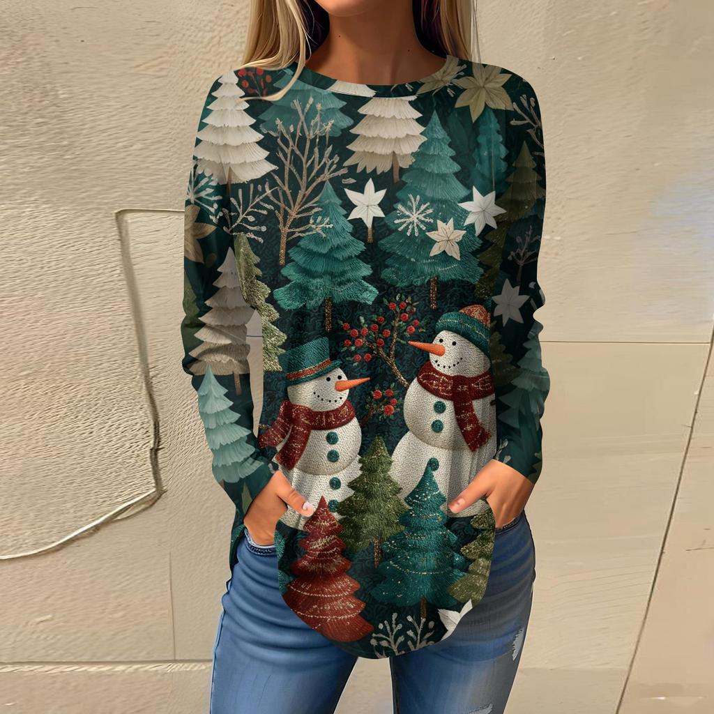 Tee Shirts For Women Casual Round Neck Long Sleeve Shirts Christmas Printing Top Pullover