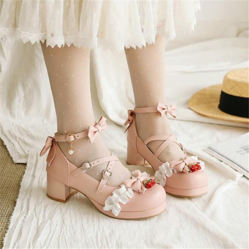 Girls High Heel Shoes Lolita Ruffles Bowknot Lace Wedding Shoes Women High Heel Princess Dress Party Shoes Plus Size 30-46