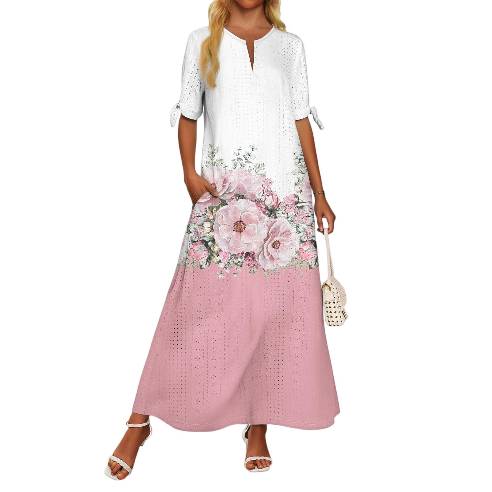 

Жіноча Повсякденна Мода Темперамент Елегантне Плаття Максі з Печворком на Талії та Квітковим Принтом S рожевий