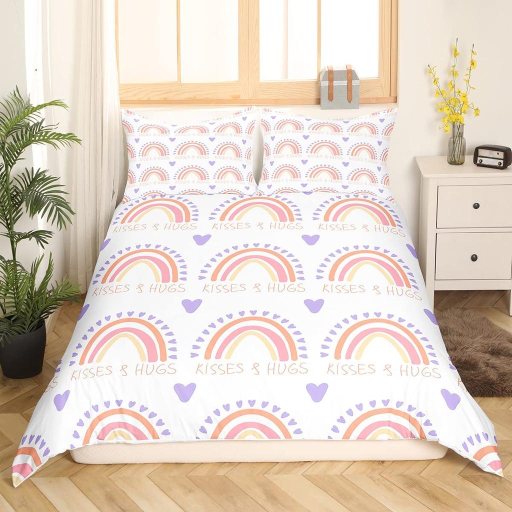 Carton Rainbow King Quen Soft Duvet Cover Children Kids Young Girls Clouds Beding Set Love Heart Warm Comforter Cover Polyester Comfortable Quilt