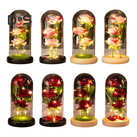 Rose préservée dans un dôme en verre avec éclairage LED, fleur éternelle, cadeau romantique pour femme, Saint-Valentin, fête des mères
