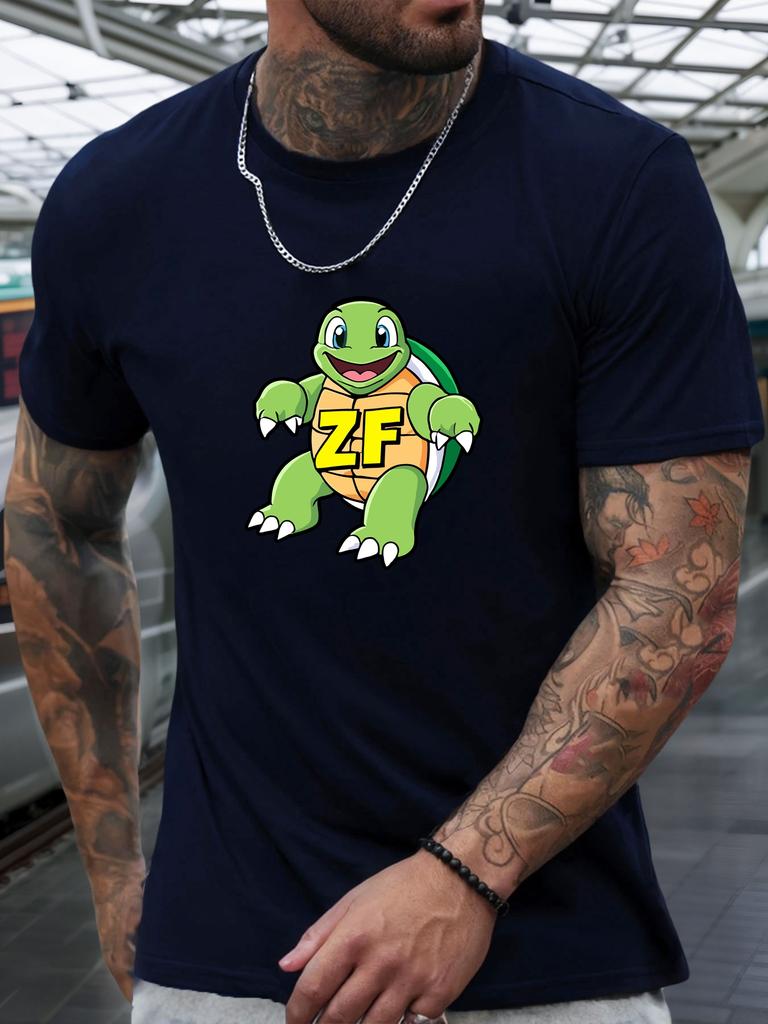 Unisexs Basic Cotton Crew Tee Cartoon Smiling Turtle Zf Initial Letter Cute Animal Print Casual Street Male Daily Short Sleeve Top