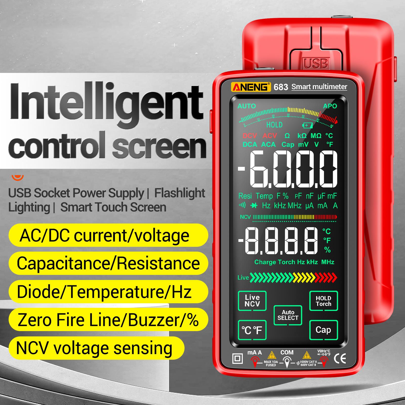 

683 6000 Counts Large Digital Multimeter Smart Anti-burn Rechargeable Meter Reverse Display NCV Tester with Flashlight