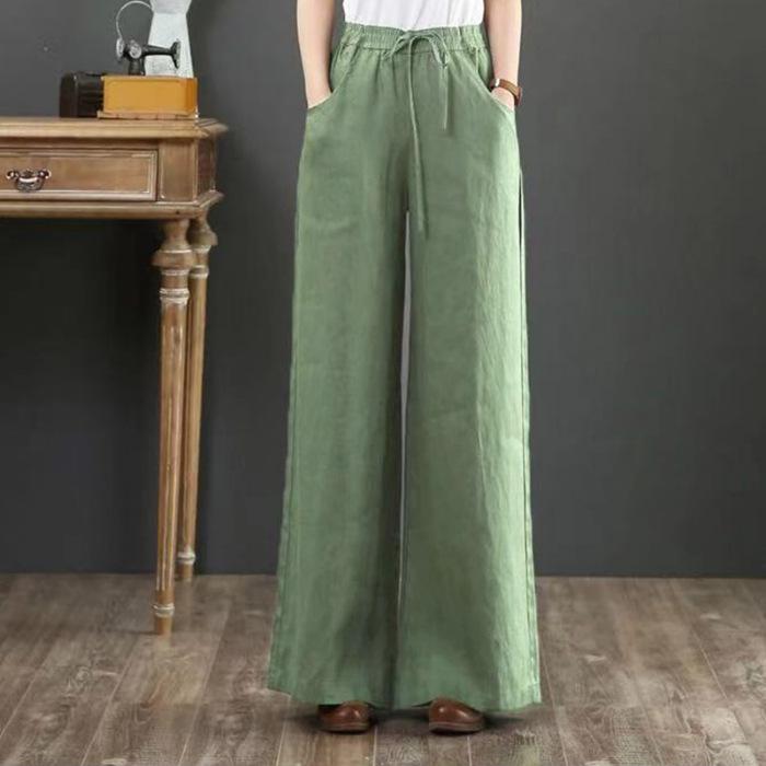 

2025 Women s Plus Size Cotton Linen Wide-Leg Trousers - High Waist, Loose Fit, Straight Leg, Casual Summer Pants L светло-зеленый