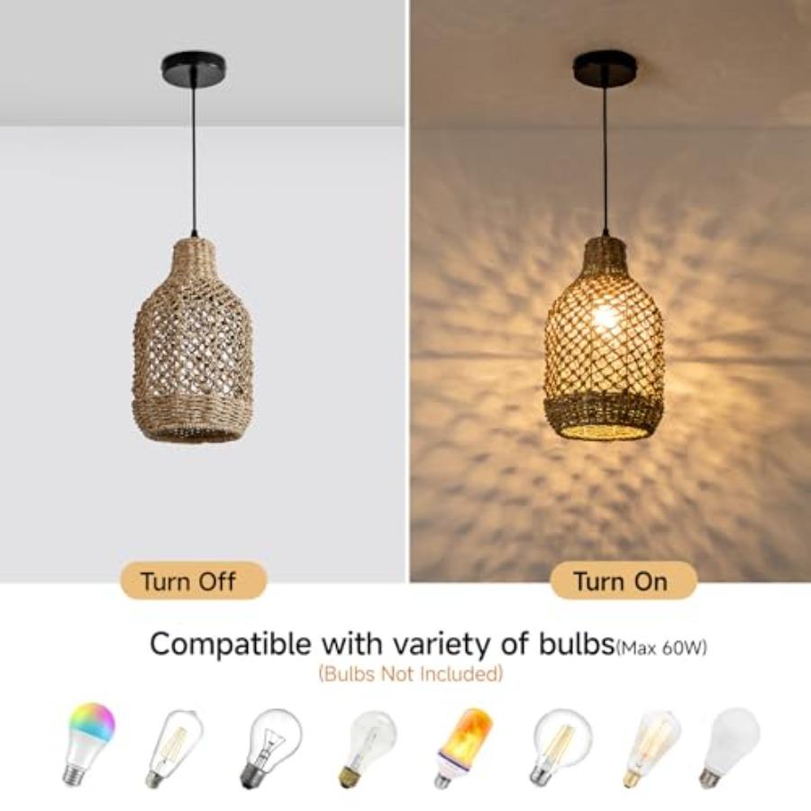 Mini Rattan Pendant Lights Set of 3 Boho Wicker Hanging Fixtures 7.9 Seagrass Rattan Chandeliers for Dining Room Kitchen Island