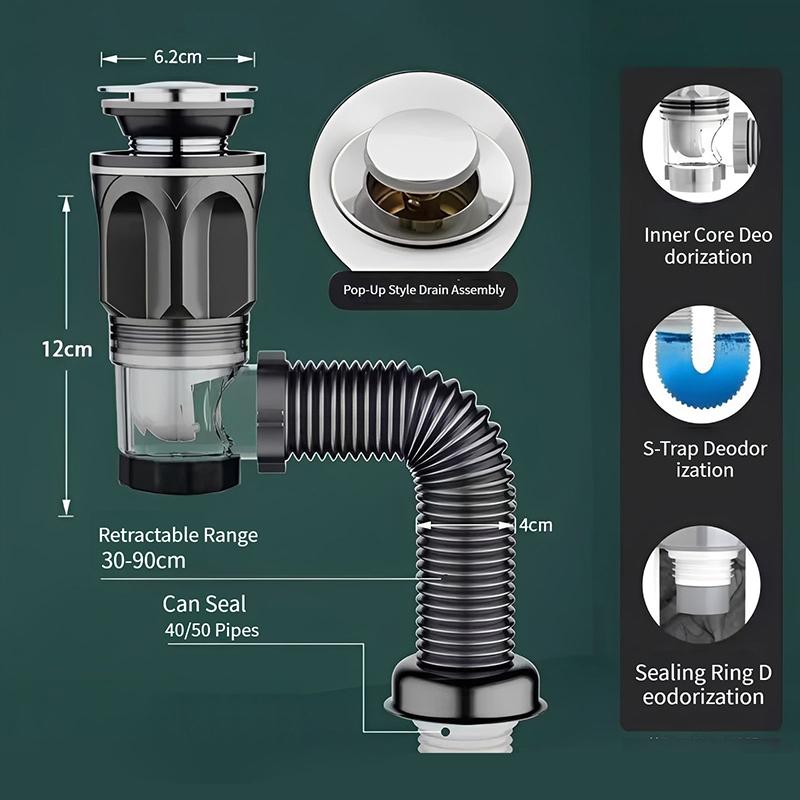 Flip Top Anti-Odor Drain Pipe Set Kitchen Sink Drain Retractable Deodorizing Filter Flexible Downspout Bathroom Anti Clogging