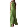 Women's Green Halter Neck Maxi Dress with Asymmetric Hem and Keyhole Cutout