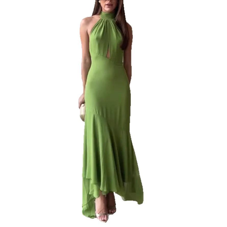 Women's Green Halter Neck Maxi Dress with Asymmetric Hem and Keyhole Cutout