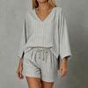 Women's Loose Fit V Neck Long Sleeve Top and Drawstring Waist Shorts Two Piece Set Lightweight Striped Lounge Wear Casual Outfit