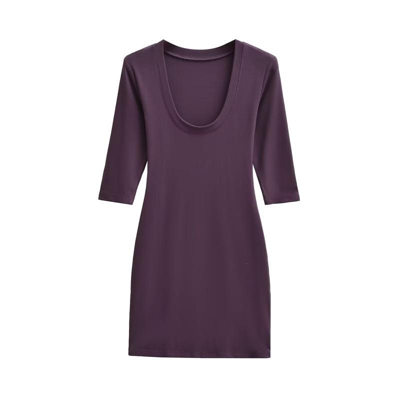 Pure Desire Deep U-Neck Mid-Sleeve Slim-Fit Dress - Women s Temperament Short Skirt S фиолетовый