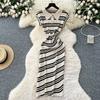 Chic summer new high-end retro polo collar sleeveless waist slim slanted striped knitted dress