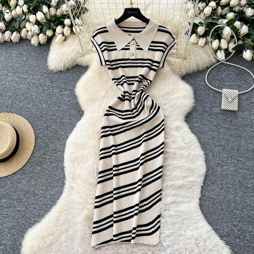 Chic summer new high-end retro polo collar sleeveless waist slim slanted striped knitted dress