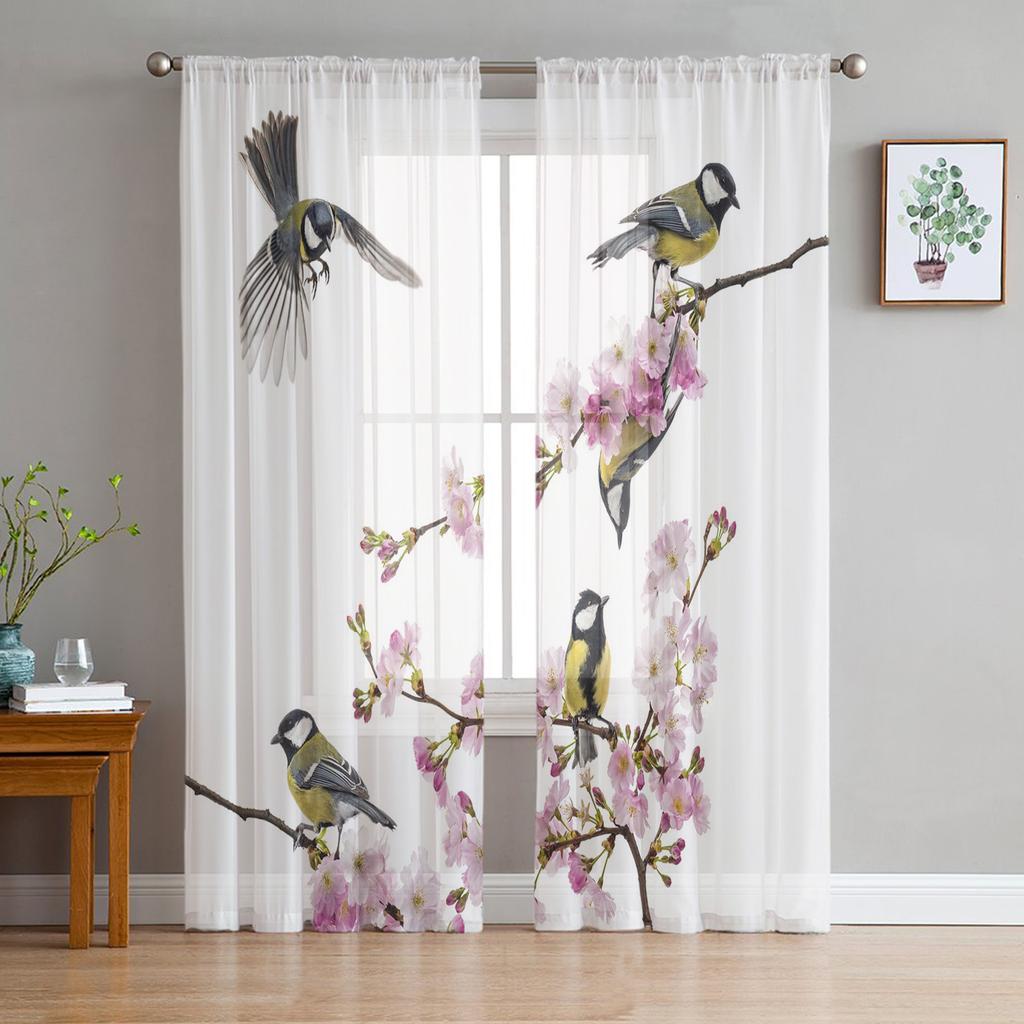 Oriole Peach Blossom Bird Flower Sheer Curtains for Living Room Decoration Window Curtains Kitchen Tulle Voile Organza Curtains
