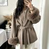 2026 Autumn/Winter French Wool Coat with Fur Sleeves, Belted, Double-Sided, Solid Color, European/American Lapel Style