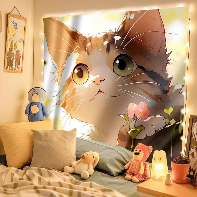 Adorable Cat Wall Tapestry Aesthetic Kawaii Wall Hanging Kids Bedroom Living Room Home Decoration