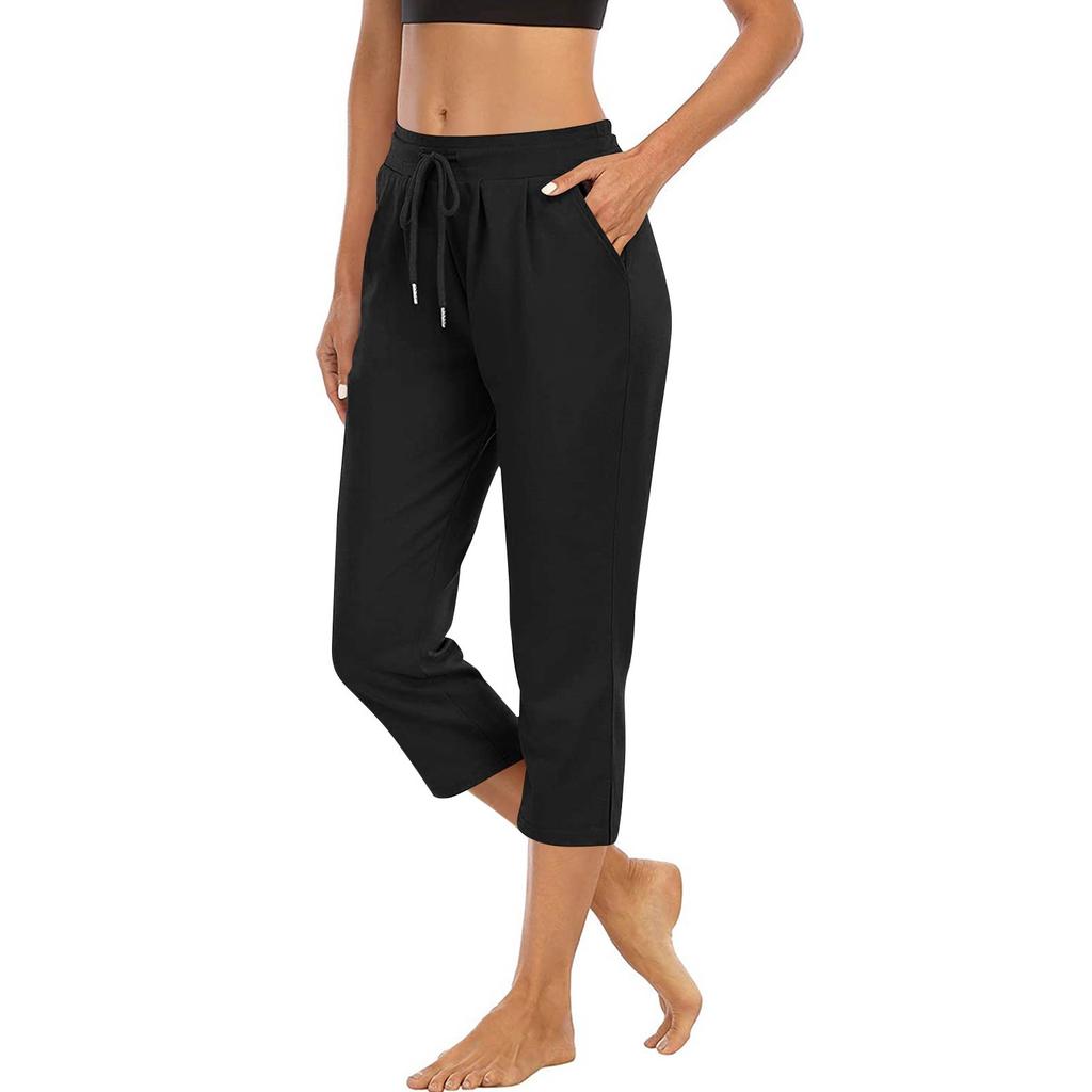 Women Drawstring Waist Capri Pants Soft Lightweight Cropped Lounge Pants with Pockets Relaxed Fit for Daily Wear