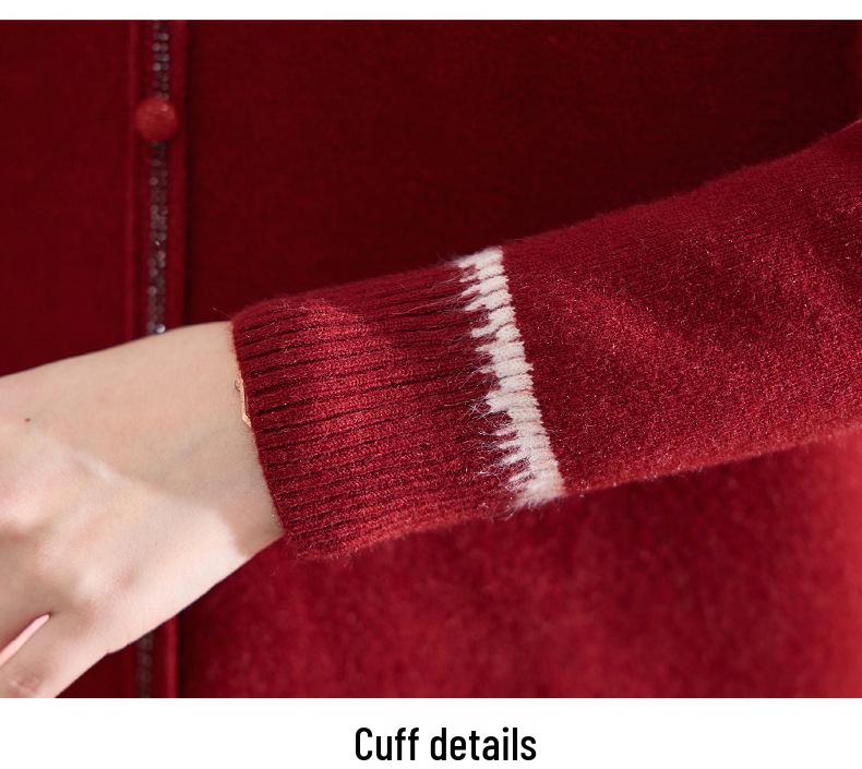 Women's Red Velvet-Lined Knitted Top: Warm, Stylish Casual Base Layer for Middle-Aged and Elderly