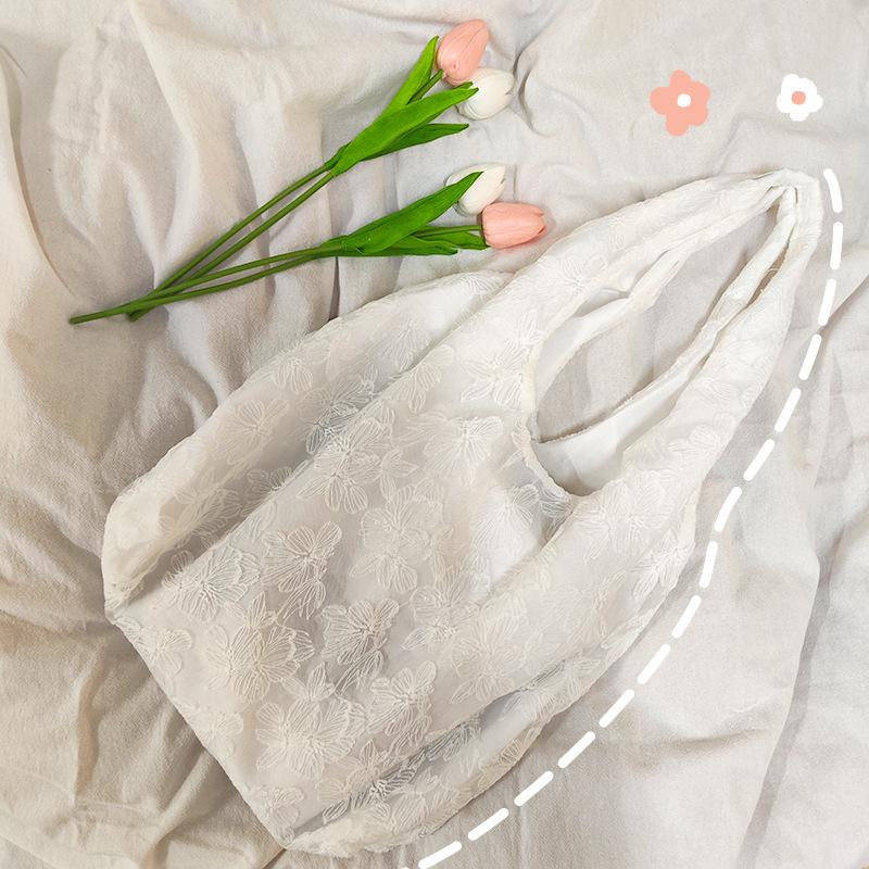 Lace Flowers Women Shoulder Bag Thin Polyester Ladies Shopping Handbags Solid Girs Book Bags Casual Female Travel Tote