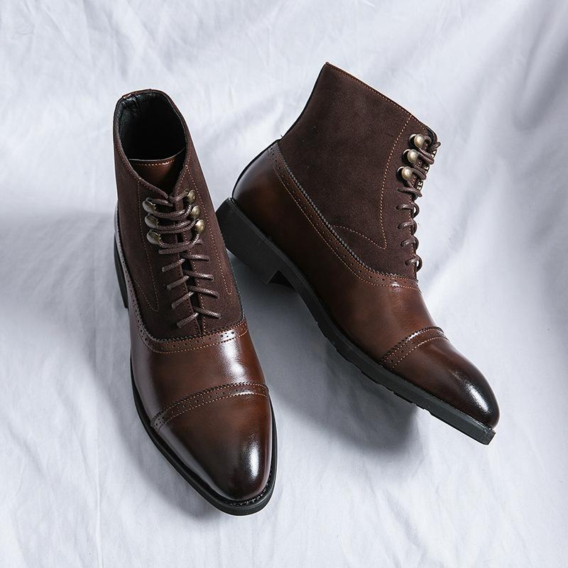 High-top Business Medium Leather Boots Large Size Personalized Polished Men's Shoes Autumn and Winter Fashion Dress Pointed Martin Boots