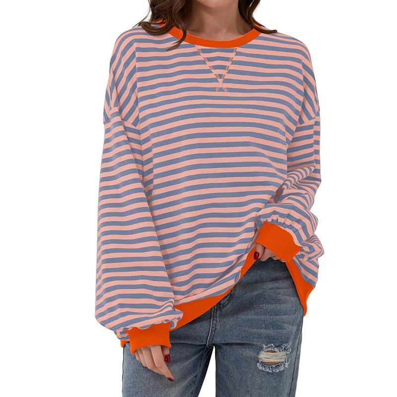 Loose Striped Long Sleeved Round Neck Women's T-shirt
