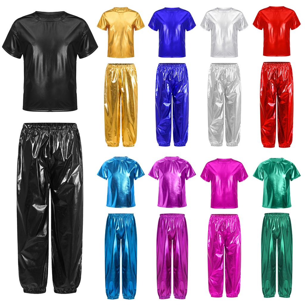 Unisex Kids Dance Costume Short Sleeve Round Neck Metallic Shiny T Shirt Performance Pants Set