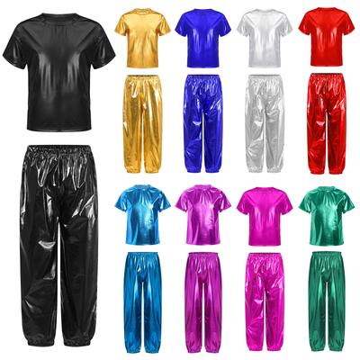Unisex Kids Metallic Shiny T-Shirt Pants Set Short Sleeve Round Neck Dance Party Performance Costume