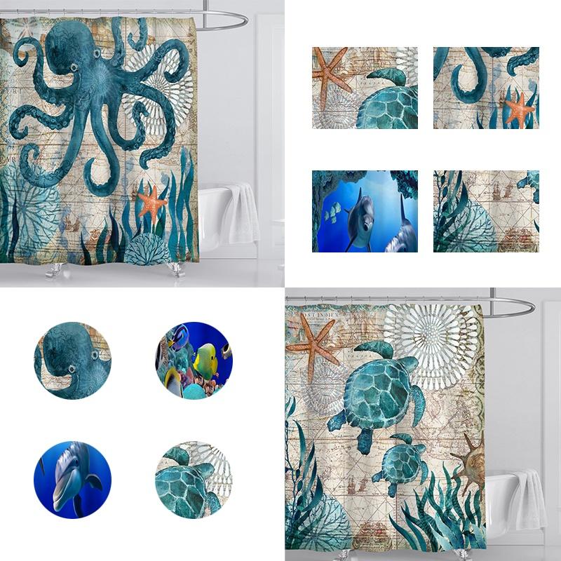 Fun And Stylish Bathroom Essential With Washable Turtle Octopus Shower Curtain And 12 Easy-install Hooks