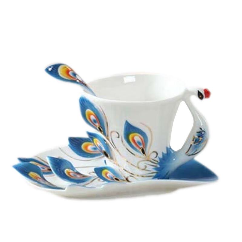 Shangqi Peacock Enamel Ceramic Coffee Cup Set