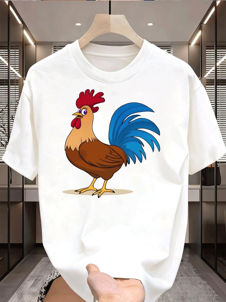 2026Unisex Summer Rooster Print T Shirt Streetwear Crew Neck Soft Breathable Loose Fashion Top Male Daily Short Sleeve Animal Tee