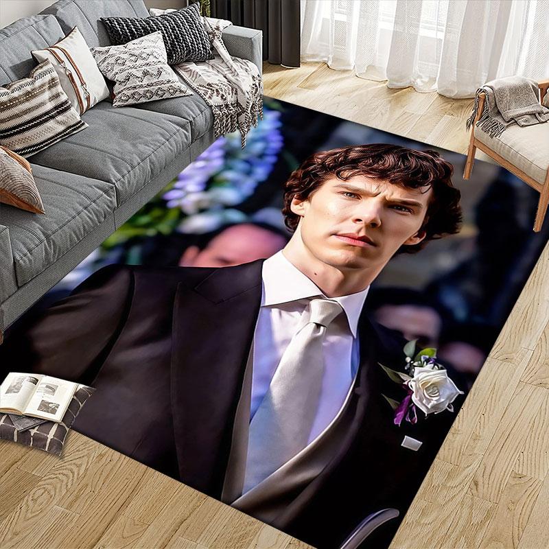 Sherlock Holmes Flannel Printed Carpet, Home Sofa Decoration for Living Room & Bedroom, Non‑Slip Play Flannel Floor Mat for Game Room