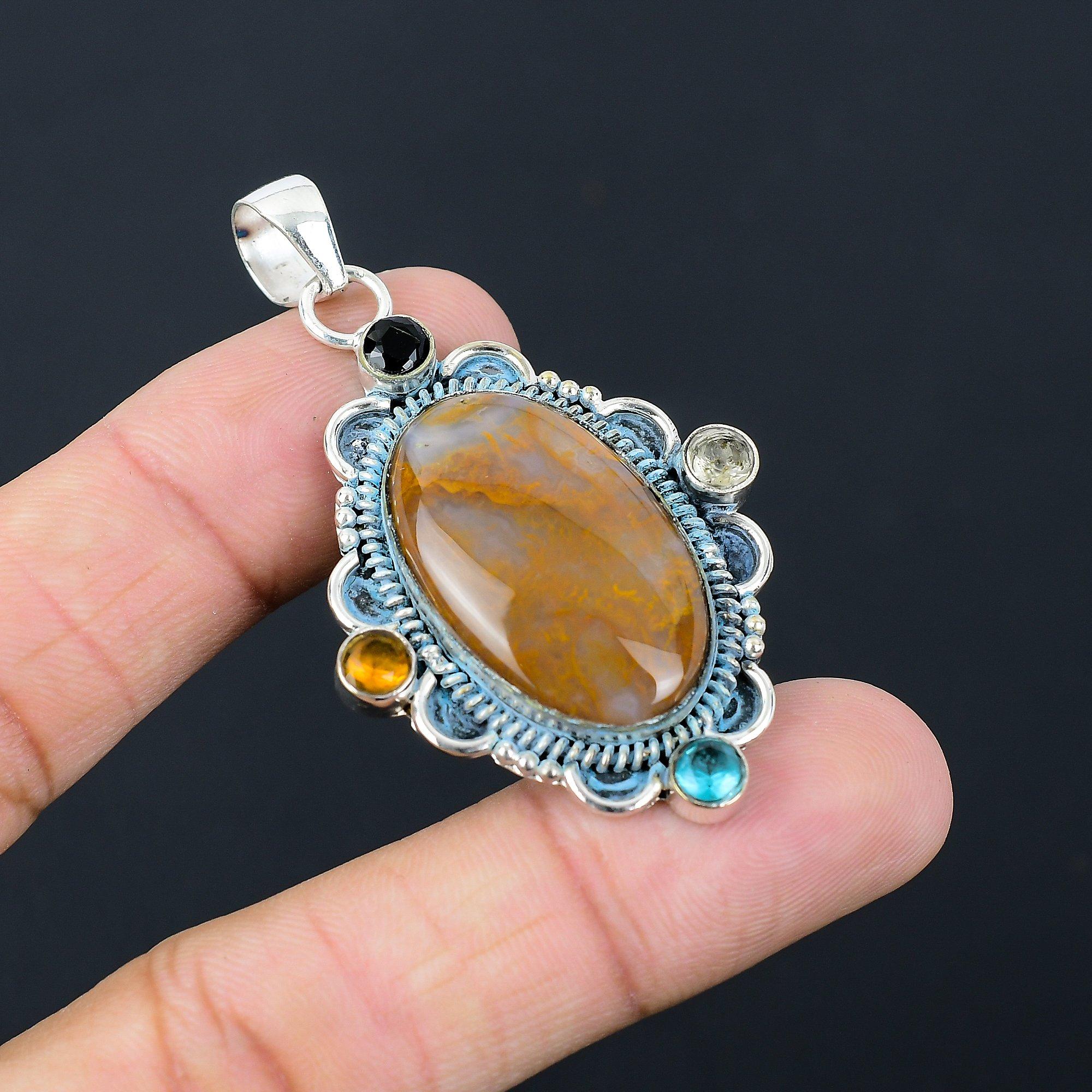 Friendship Day Deal Sterling Silver Oval Plume Agate Gemstone Citrine Pendant