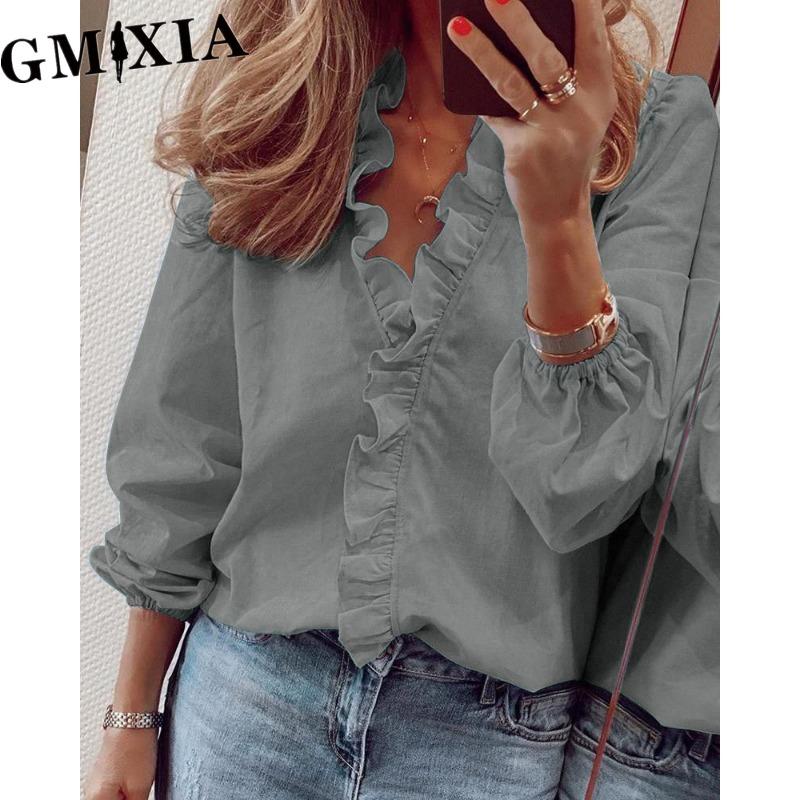 GMXIA Women's Fashion Casual Leisure Solid Color Print Long Sleeve V Neck Blouses & Shirts