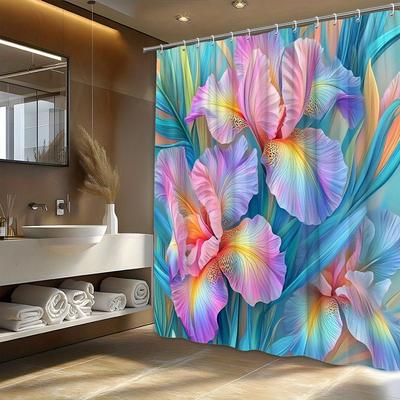 1pc Vibrant Iris Shower Curtain - Pink To Purple Gradient, Intricate Petal Patterns, Polyester,  Modern Bathroom Decor