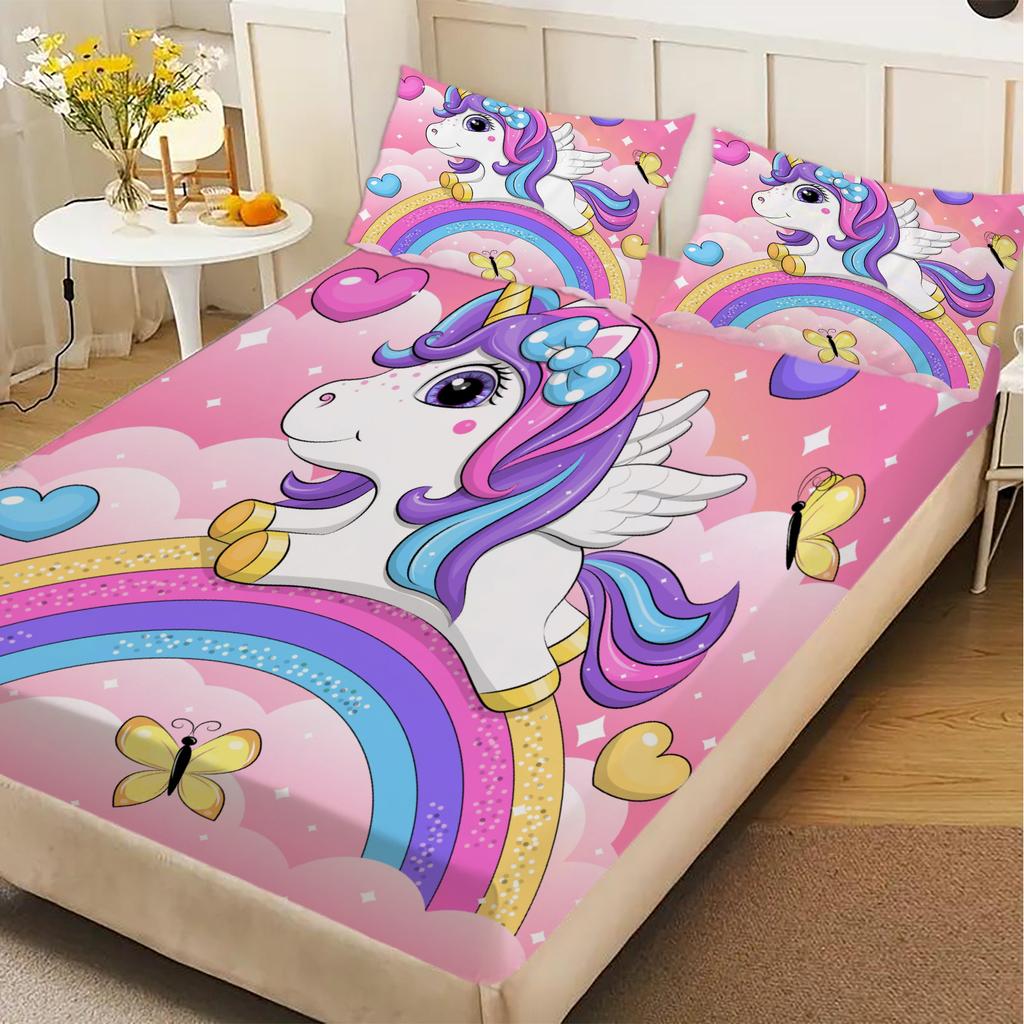 1PC Cute Unicorn Bed Sheet Rainbow Soft Digital Print Fitted Sheet Without Pillowcase Halloween Decor Gift For Kids Bed Linen