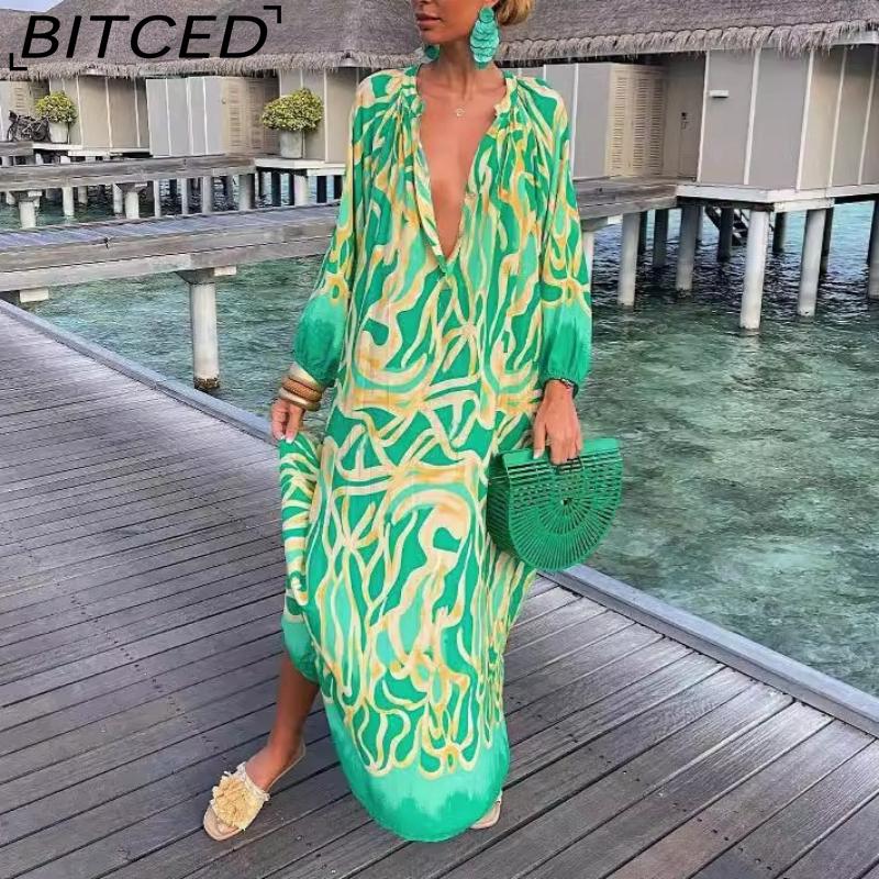 BITCED Autumn Women s Printed Pullover Long-Sleeved Maxi Dress V-Neck Wide-Hem Loose-Fit Dress S