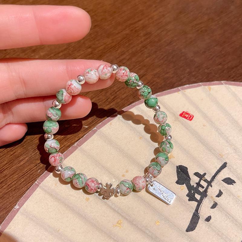 Elegant Cherry Pink Shoushan Stone Beaded Bracelet for Women