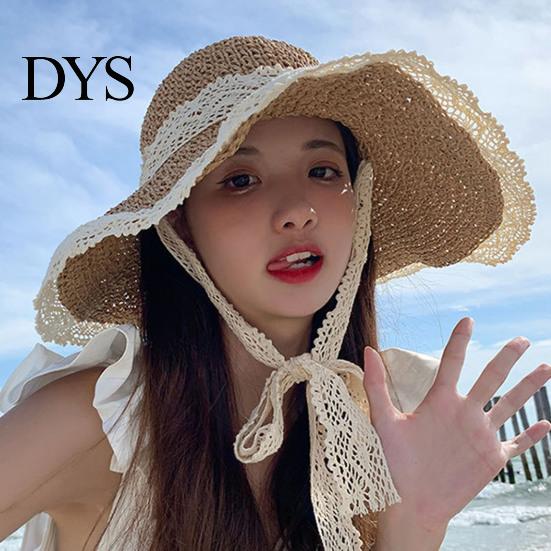 Straw Hat Lace Trim Tied Up Round Dome Sun Women Big Brim Floppy Fashion Accessories