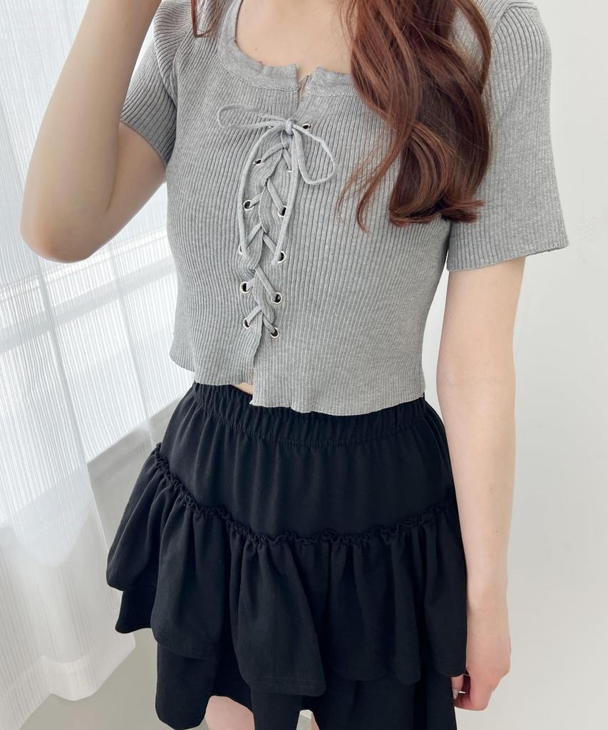 WEGO PHILLY Knit Short Short Korean Size Gray Lace-Up Top, Sleeve, Knitwear, Girly, Style, Casual, Gift, Spring/Summer/Autumn, Women's, F,