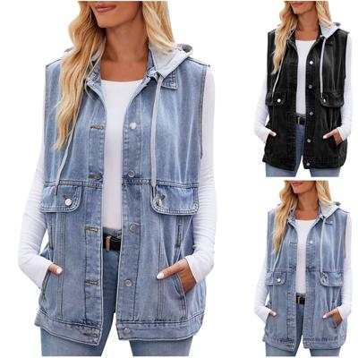 Damen Mode Trend Jeansweste Ärmellose Weste mit Taschen Jeansjacke