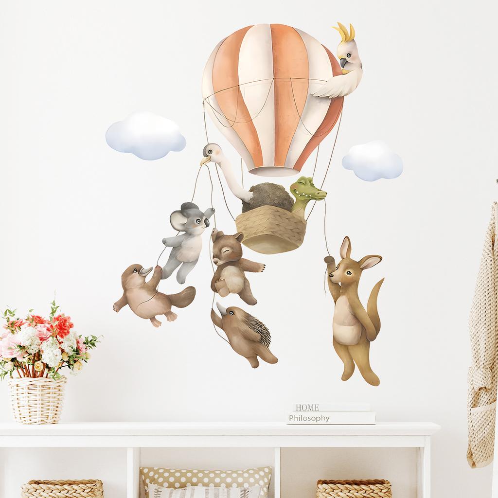 Cute Cartoon Animal Friends in Hot Air Balloon Wall Stickers, Self-Adhesive Adventure Decor for Kids Room Living Room Bedroom Decoration