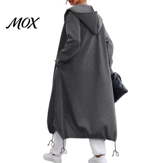 Women Outdoor Coats Long Hooded Jacket for Fall Winter, Loose Oversized Casual Autumn Zip-Up Outerwear Coat, Solid Color Tunic Hoodie Top with Pockets