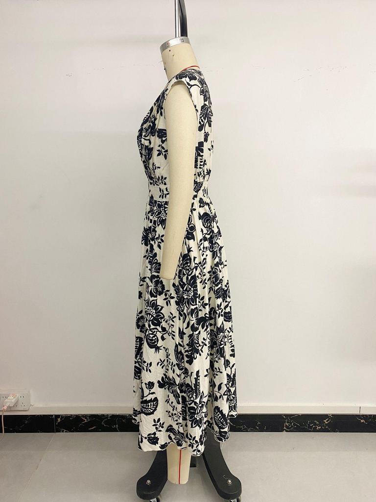2026 Summer European Floral V-Neck Sleeveless Waist-Cinching Dress for Women