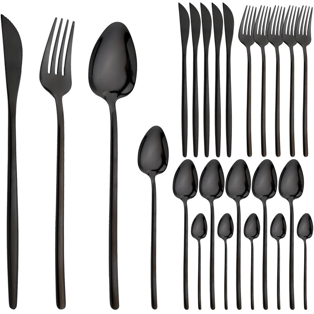 24Pcs Dinnerware Set Stainless Steel Tableware Knifves Forks Spoons Black Gold Cutlery Mirror Flatware Kitchen Dinner Silverware